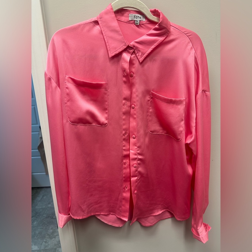 Vibrant Pink Satin Button-Up Shirt